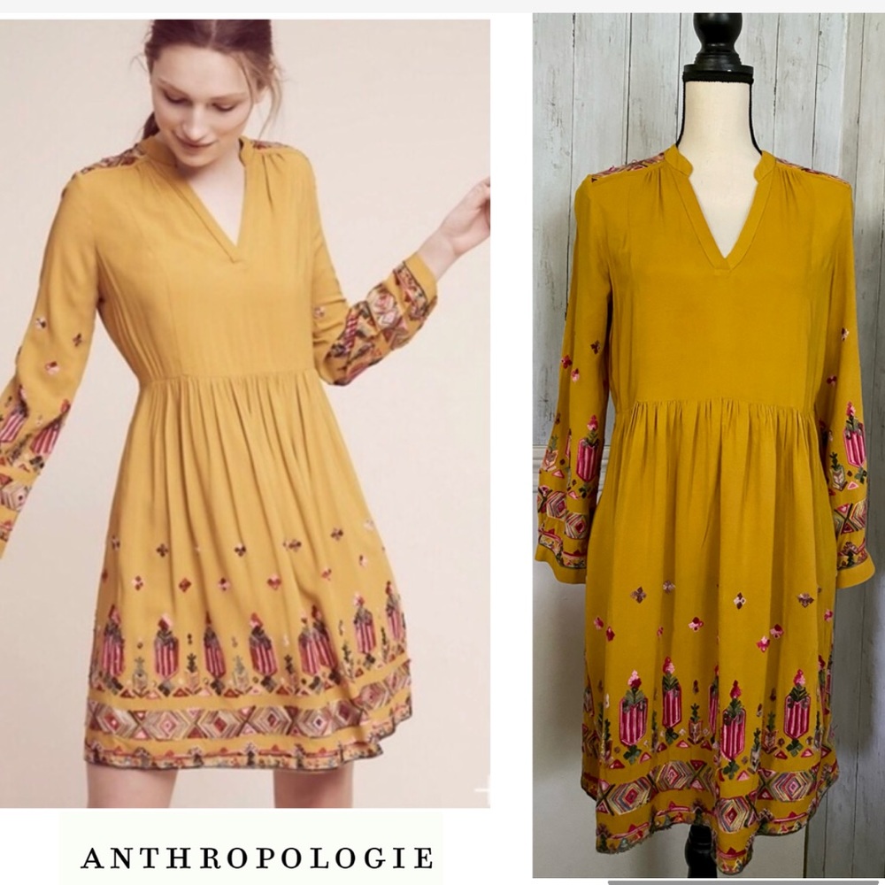Anthropologie Multi Embroidered Long Sleeve Dress